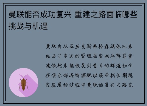 曼联能否成功复兴 重建之路面临哪些挑战与机遇