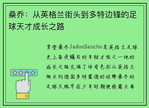 桑乔：从英格兰街头到多特边锋的足球天才成长之路
